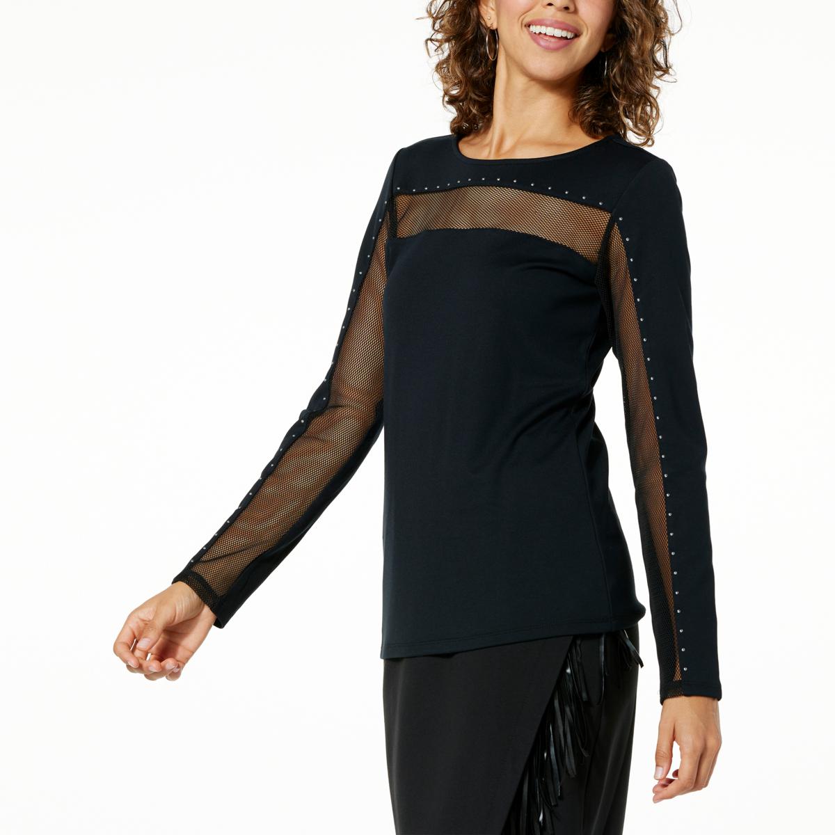 Colleen Lopez Mesh Inset Studded Knit Top