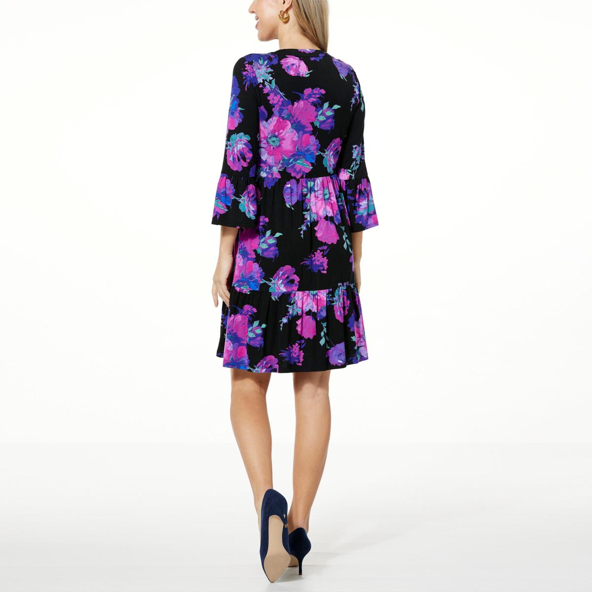 Colleen Lopez Printed Y-neck Dress with Tiered Skirt - 21895021