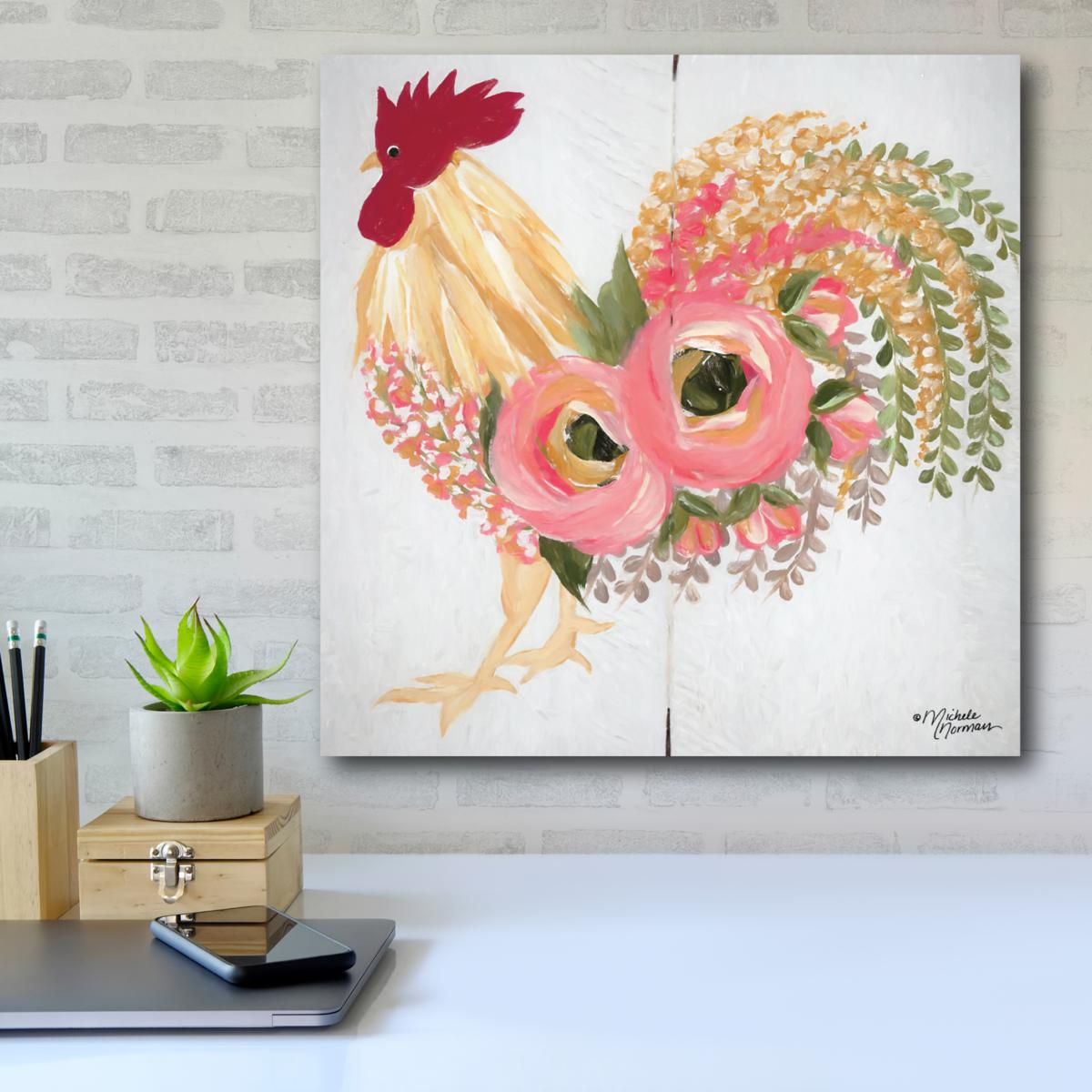 Courtside Market Floral Rooster On White 16x16 Canvas Wall Art