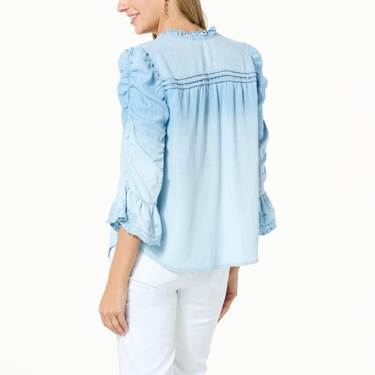 Democracy 3/4 Ruched Sleeve Woven Ruffled Edge Top