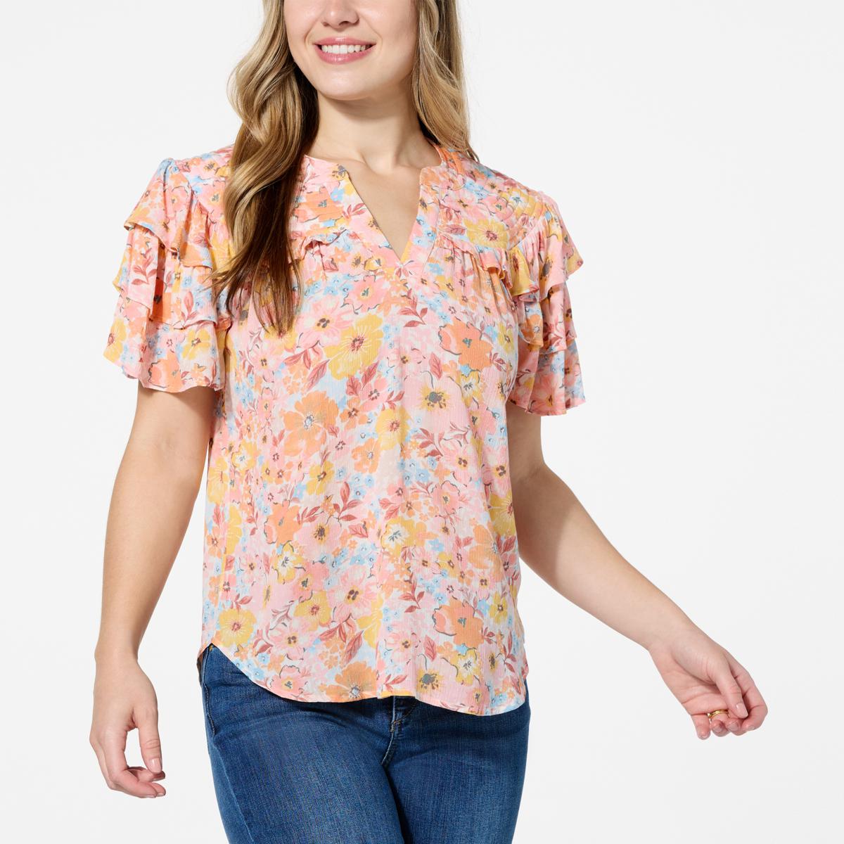 Democracy Printed Triple Layer Flounce Sleeve Woven Top 22151495 Hsn