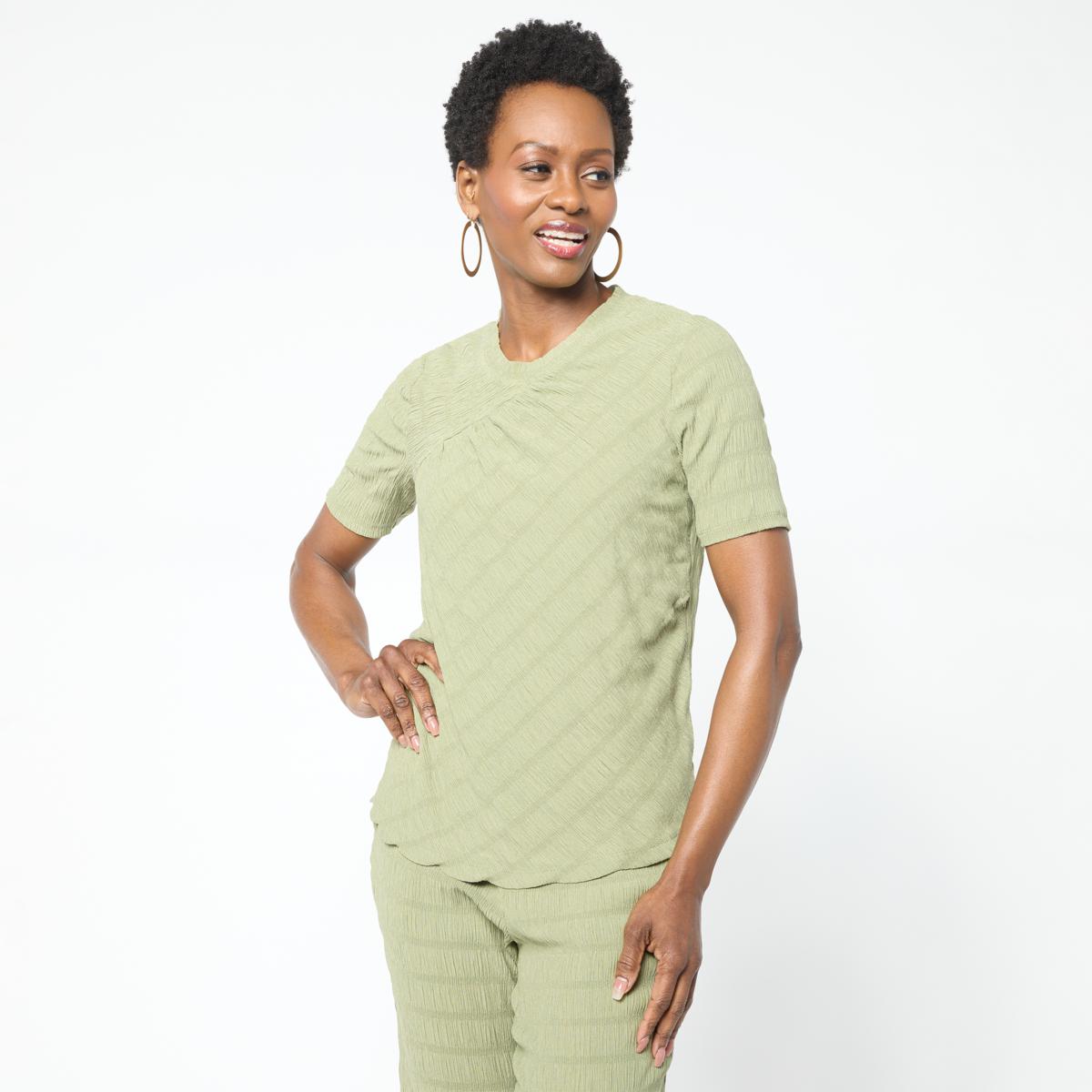 DG2 by Diane Gilman Asymmetric Ruched Stripe Front Yoke Top | HSN