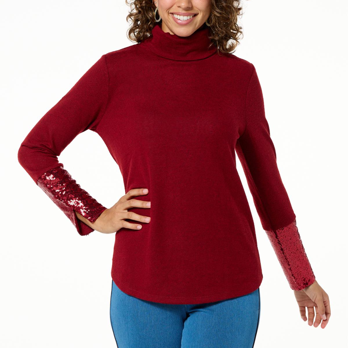 DG2 by Diane Gilman Brushed Knit Sequin Cuff Turtleneck Sweater
