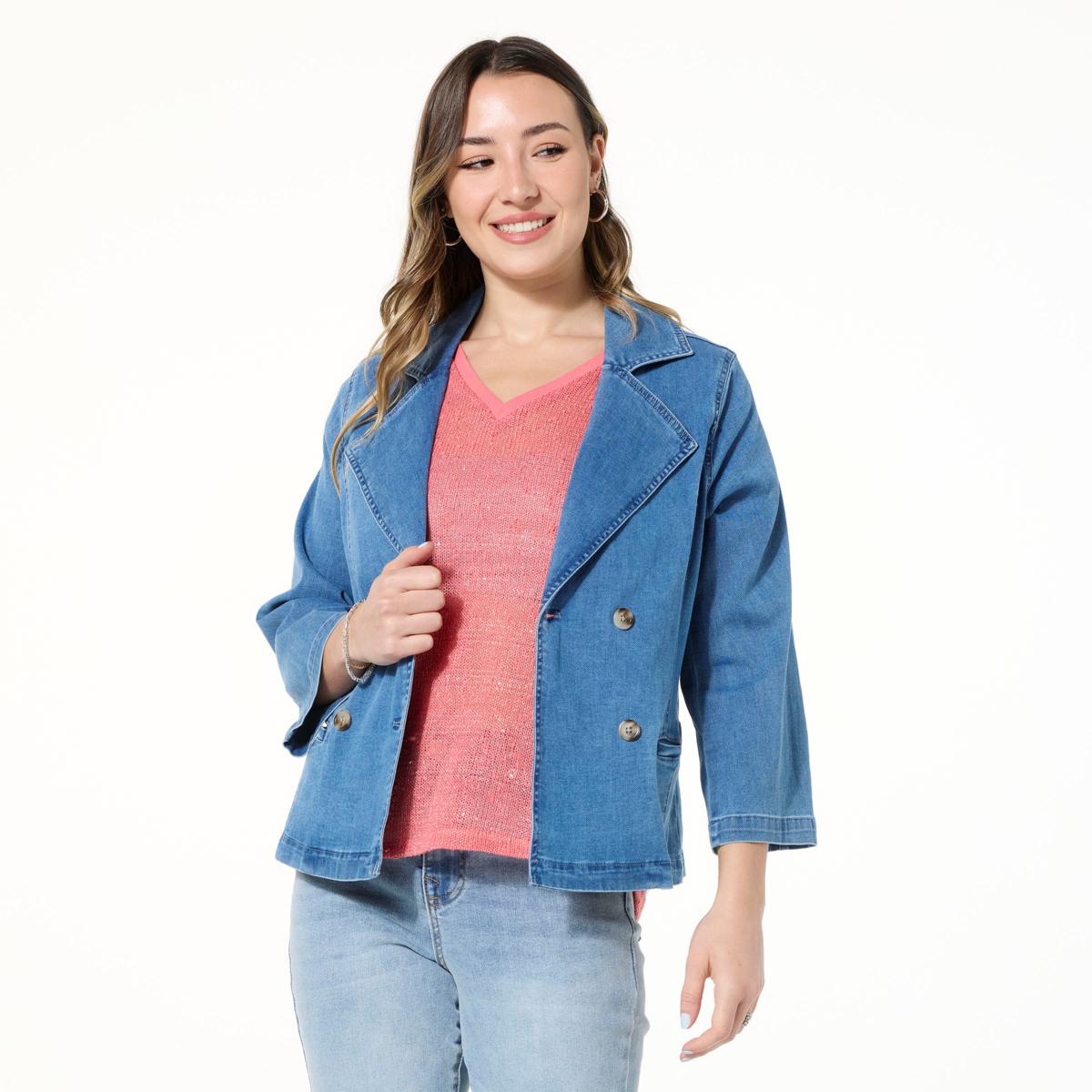 DG2 by Diane Gilman Dream Drape Denim Double-Breasted Jacket