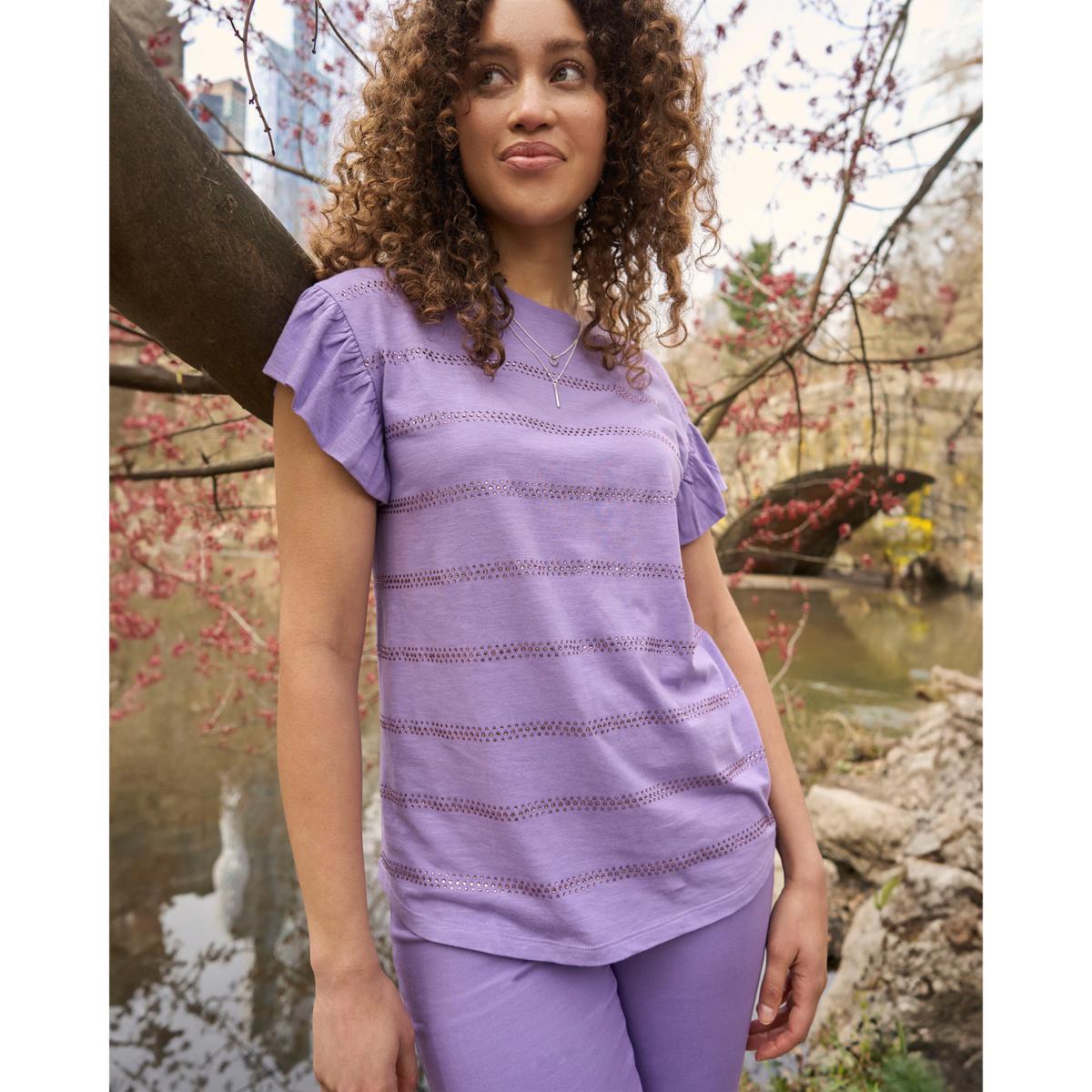 DG2 by Diane Gilman Flounce-Sleeve Top with Crystal
