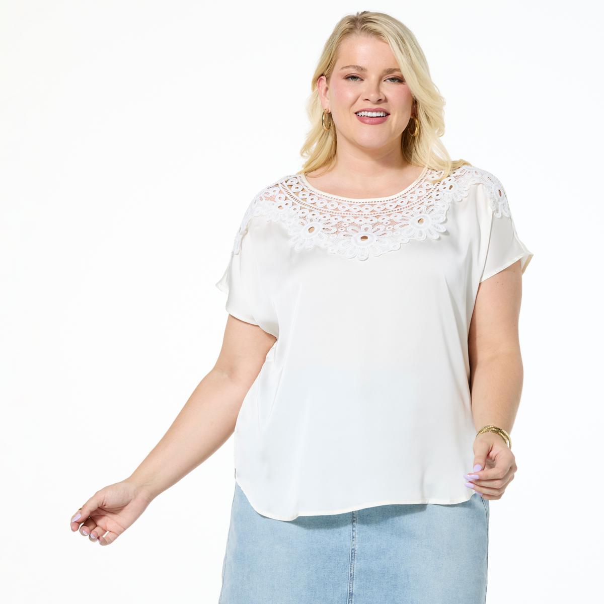 DG2 by Diane Gilman Just Like Silk Crochet Lace Yoke Dolman Top