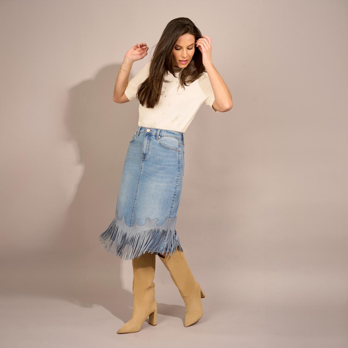 DG2 by Diane Gilman New Classic Stretch Western Fringe-Hem Midi