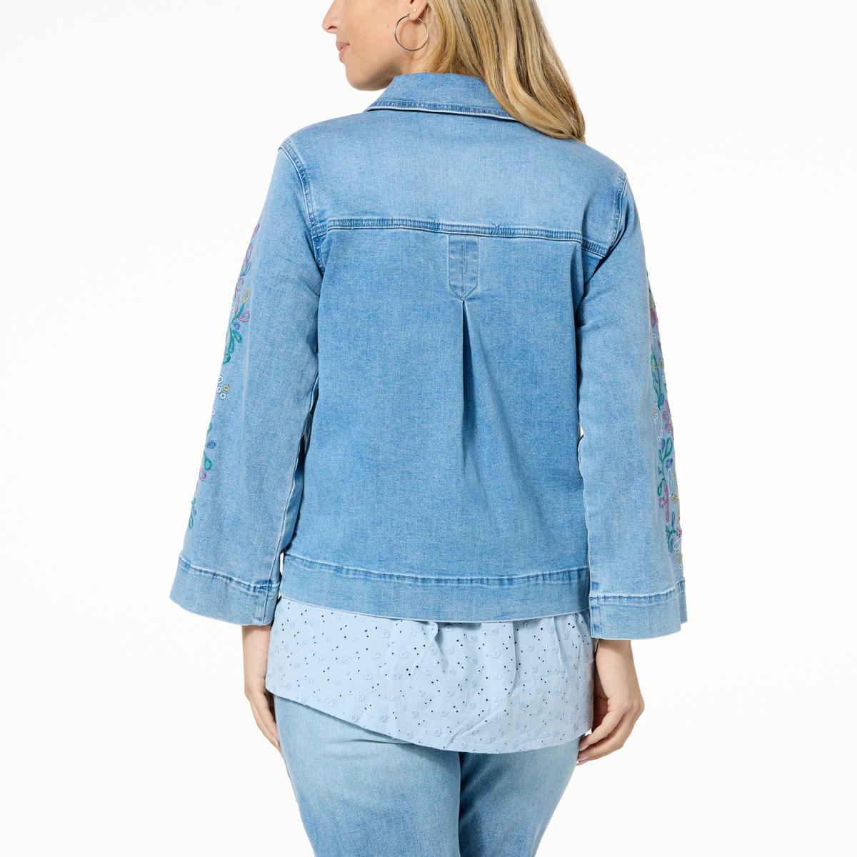 Denim & Co Size Small Blue Jean Jacket Floral Embroidery QVC 40 Bust