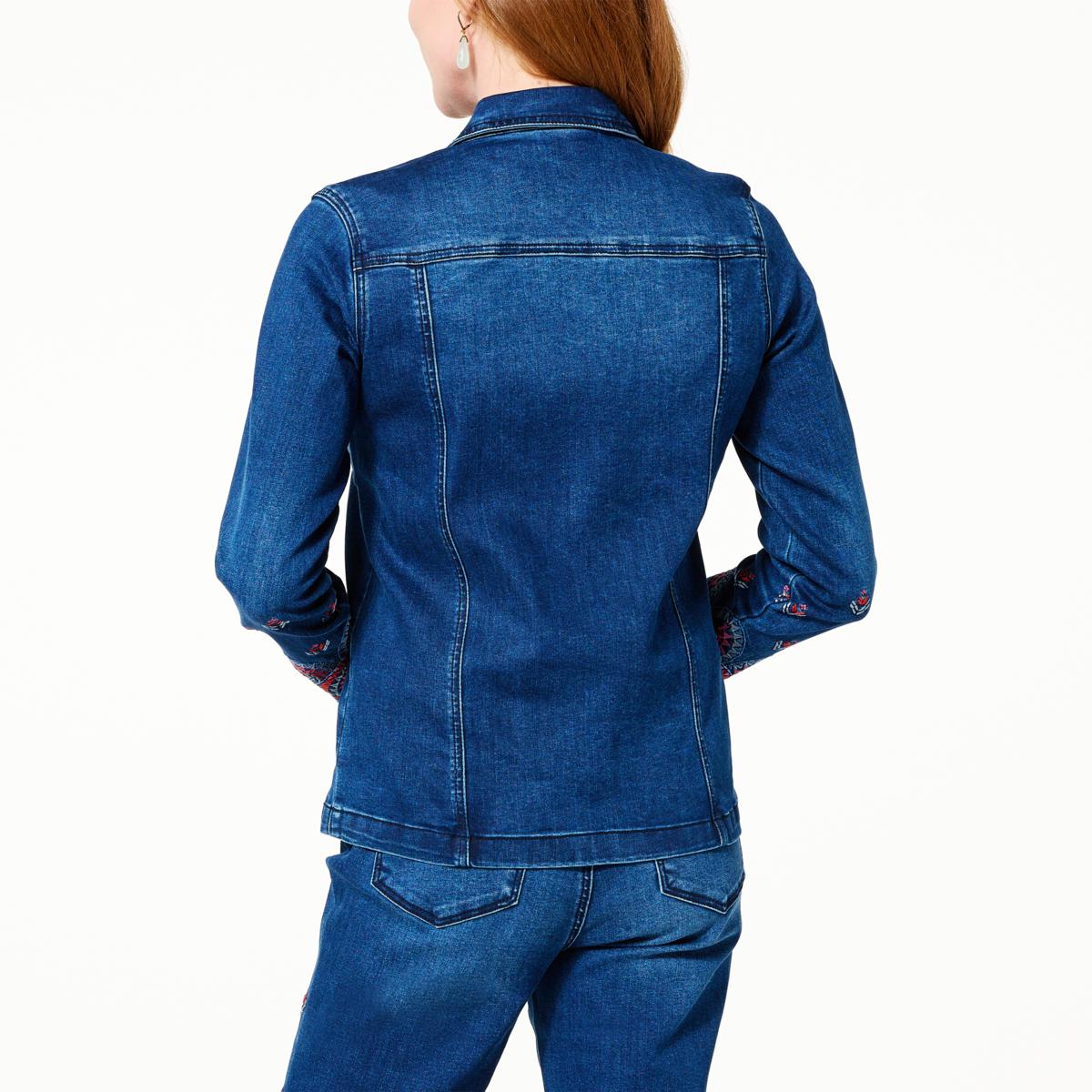 DG2 New Classic Stretch Denim Embroidered Zip Front Jacket