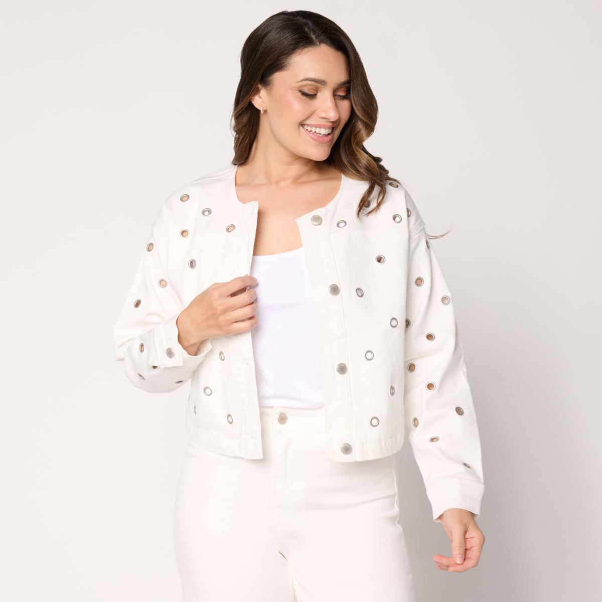 Elle Get the Look Washed Denim Grommet Jacket | HSN