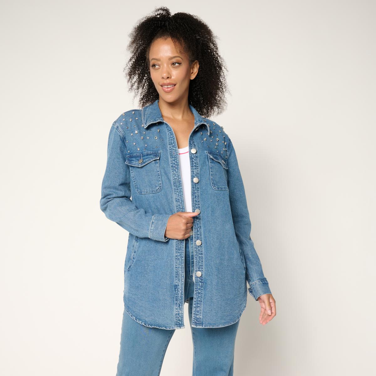 G by Giuliana Black Label Denim Shirt Jacket with Rhinestones