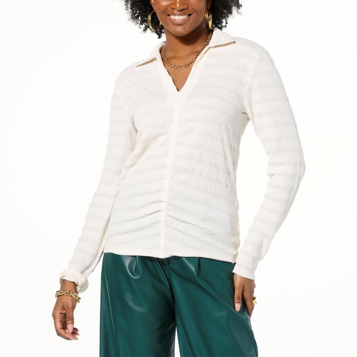 G by Giuliana Jacquard Knit Collared Ruched Front Shirt