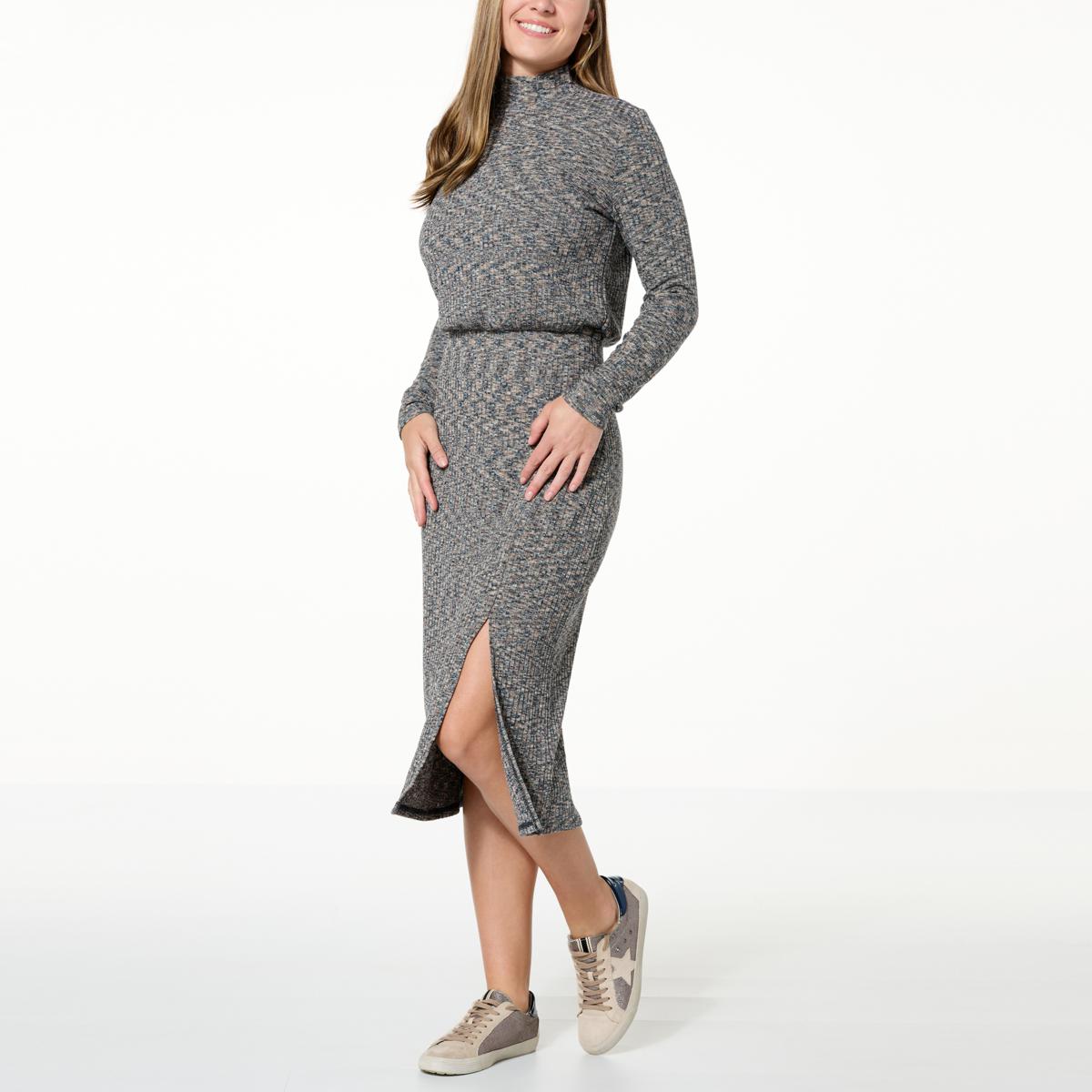 Puff-sleeve ribbed mock-neck dress, Only, Knit