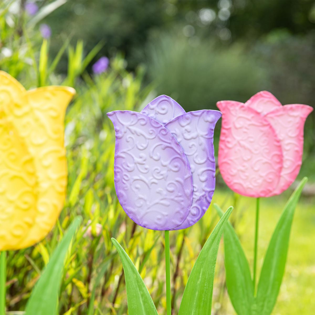 Glitzhome Set of 3 24in H Easter Metal Tulips Yard Stake | HSN