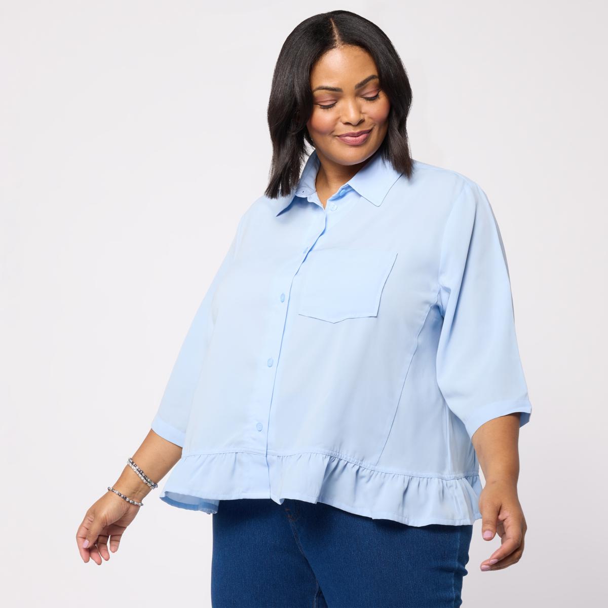 hugh6699✨ Hue Ruffle Hem 3/4-Sleeve Button-Down Top | HSN
