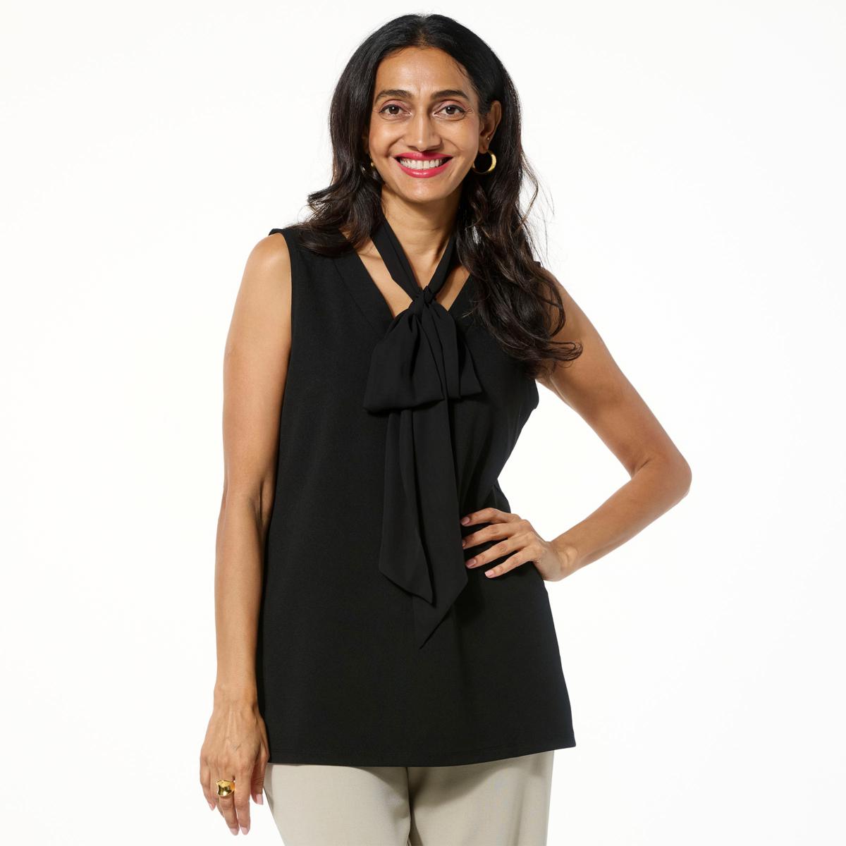 IMAN Global Chic Crepe V-Neck Top with Chiffon Scarf | HSN