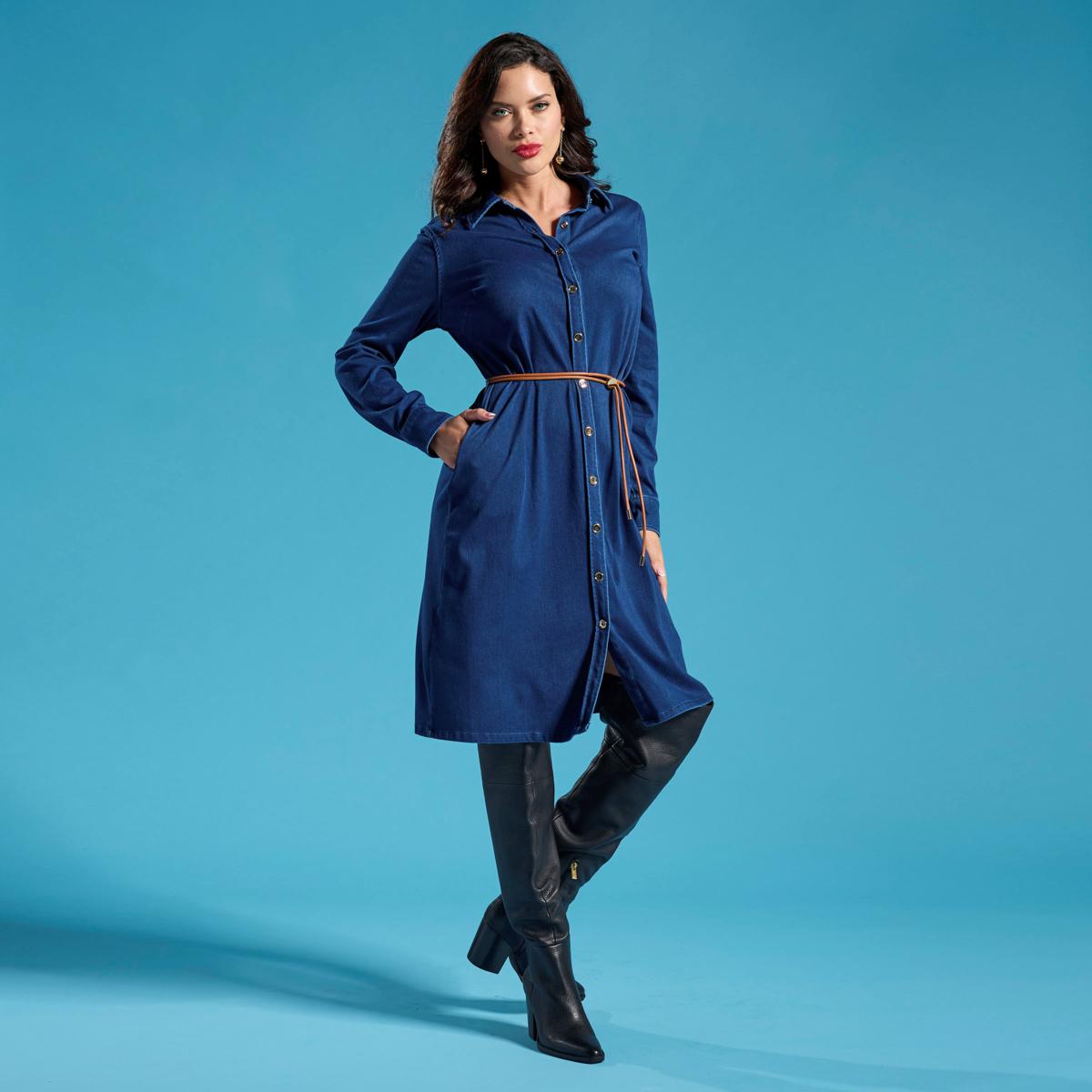 IMAN Global Chic Denim Dress with Faux Leather Belt