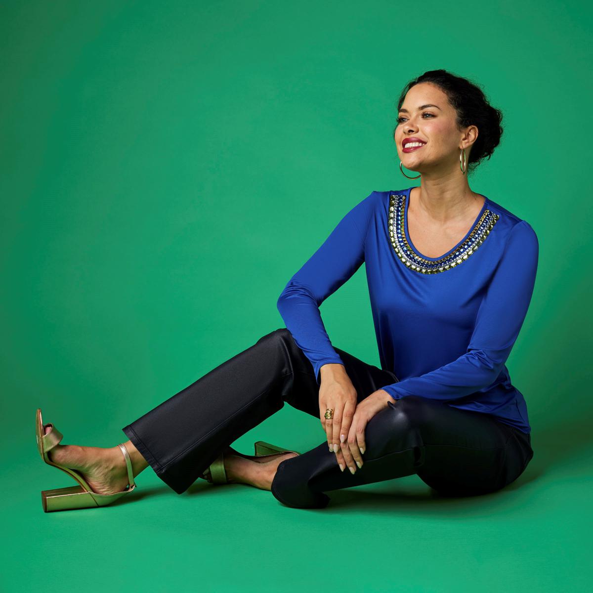 IMAN Global Chic Top with Jewel Embellished Neckline