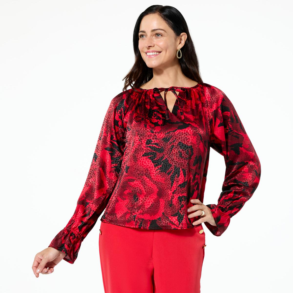 IMAN Global Chic Woven Split-Neck Balloon Sleeve Top | HSN