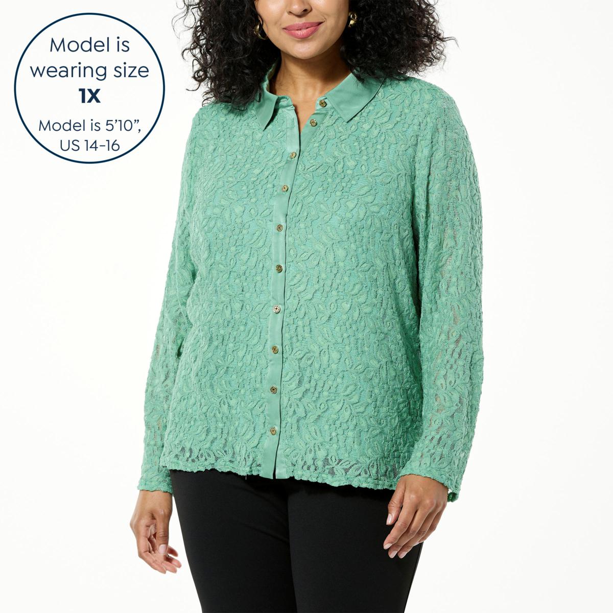 Jaclyn Smith Long Sleeve Button-Front Lace Top