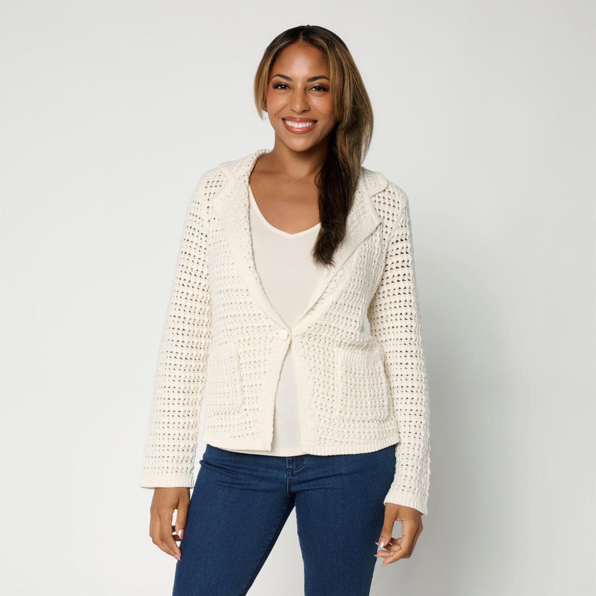 Jaclyn Smith Notch Collar Crochet Sweater Blazer | HSN