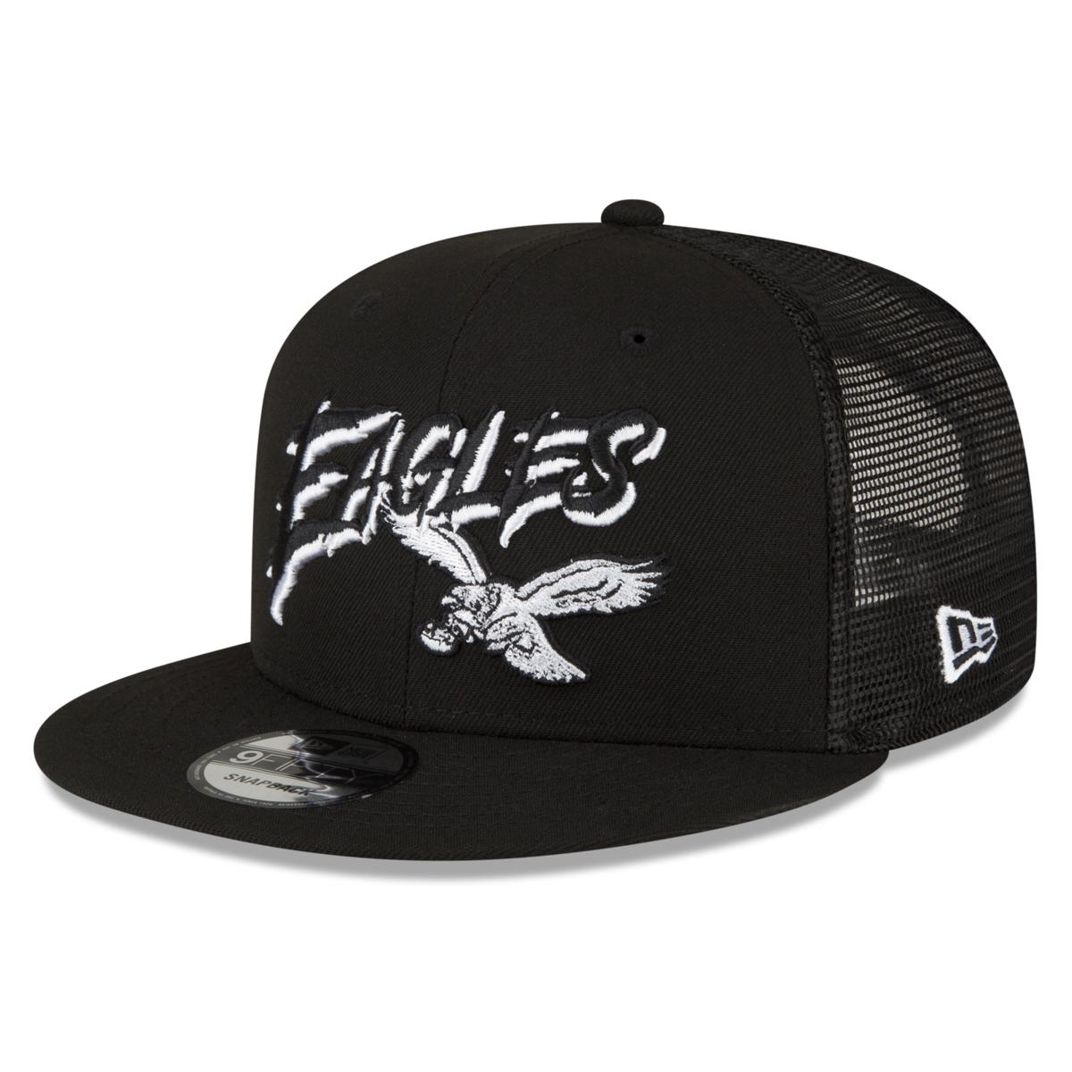 Men's New Era Black Philadelphia Eagles Script Trucker 9FIFTY Snapback Hat