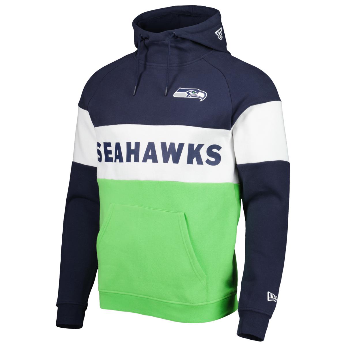 Men s New Era Neon Green College Navy Seattle Seahawks Colorblock Current Pullover Hoodie