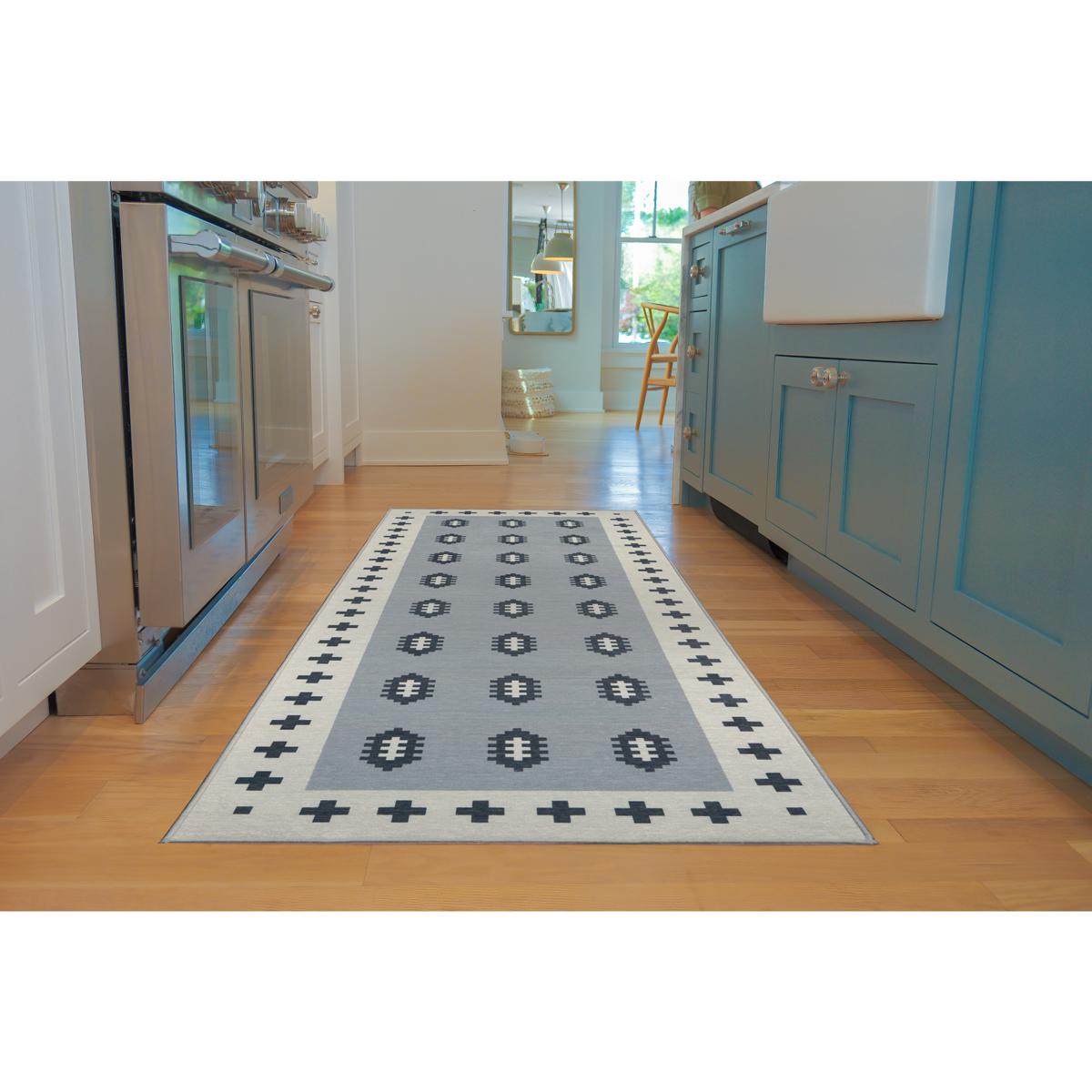 Blue and Gray Vinyl Floor Mat. Kilim Vinyl Area Rug Printed to 