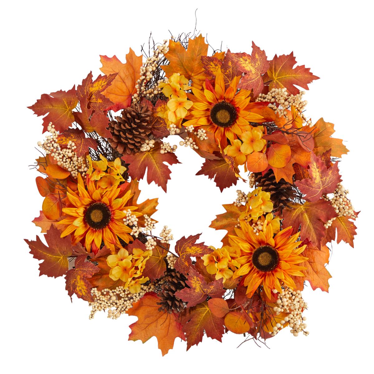 Nearly Natural 28” Maple Leaves, Sunflower, White Berries Fall Wreath ...