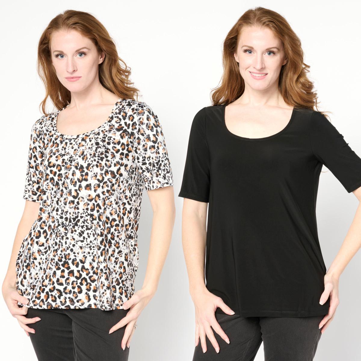 Nina Leonard 2-pack Stretch Knit Elbow-Sleeve Scoop Neck Tops | HSN