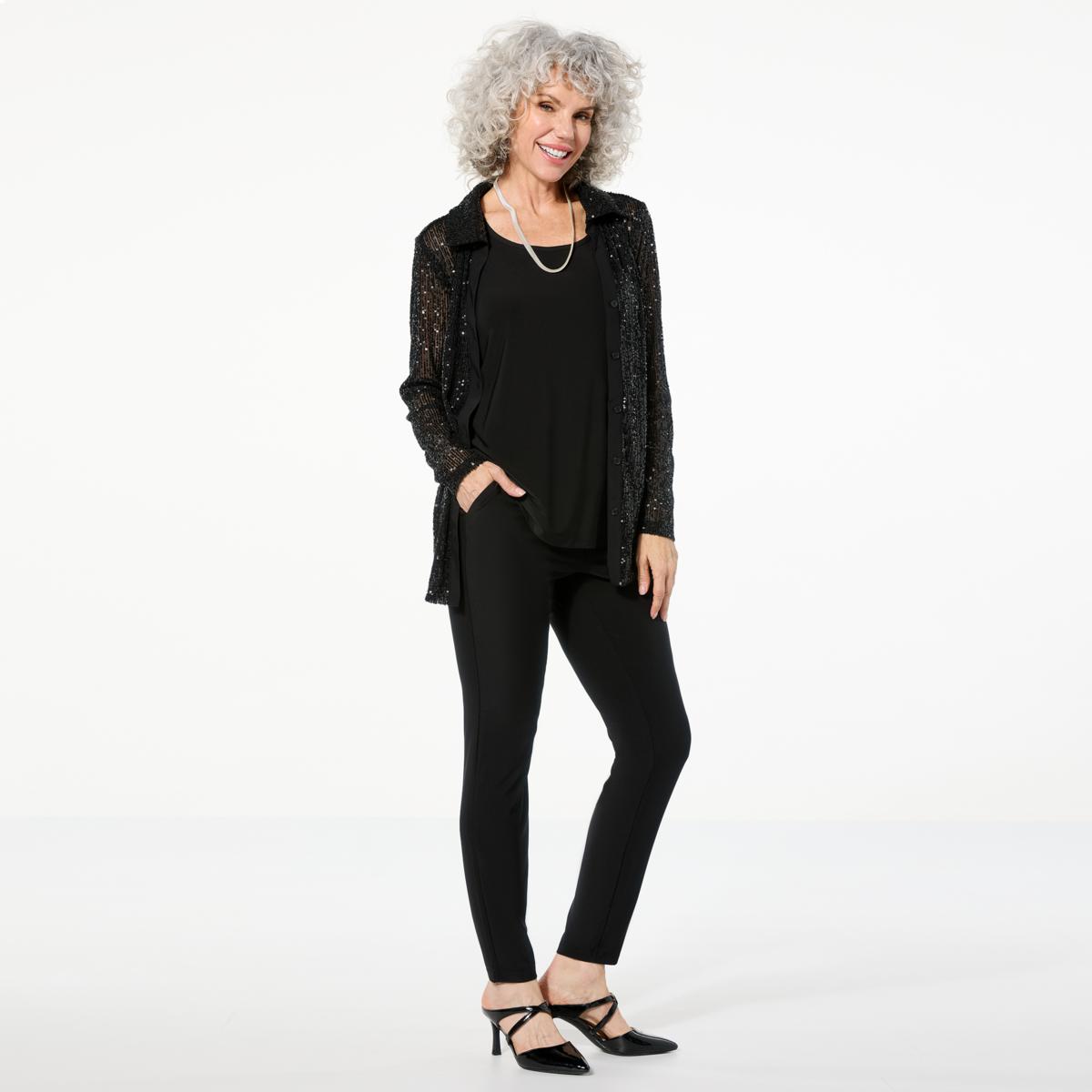 Nina Leonard 3-piece Sequined Button-Front Top, Tank and Pant Set