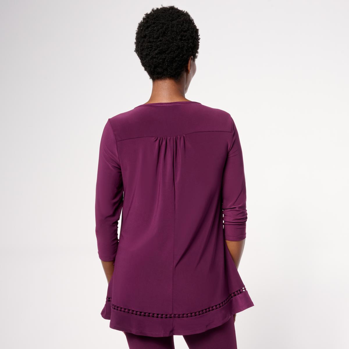 Nina Leonard 3/4-Sleeve Trim Inset V-Neck Tunic | HSN