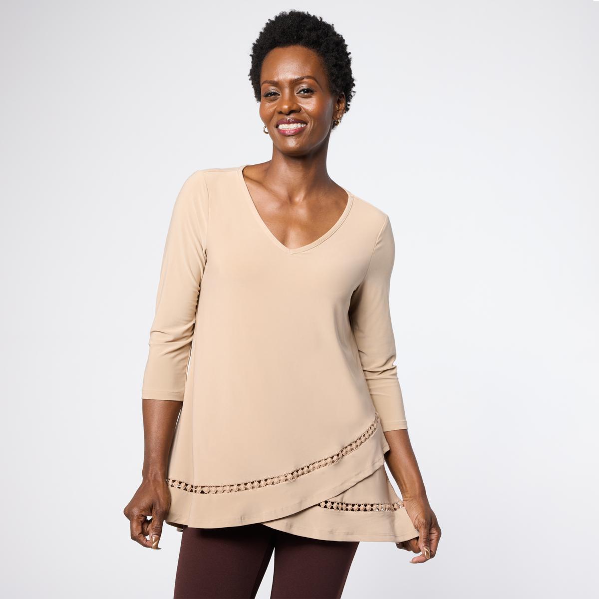 Nina Leonard 3/4-Sleeve Trim Inset V-Neck Tunic | HSN