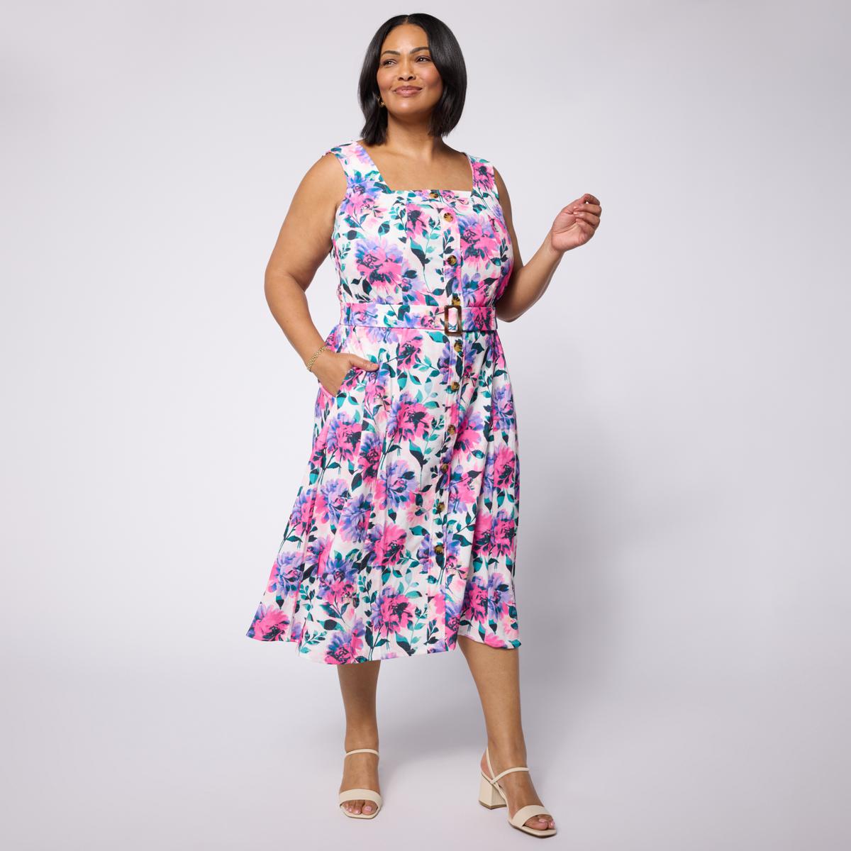 Nina Leonard Button-Front Stretch Linen Sleeveless Dress | HSN