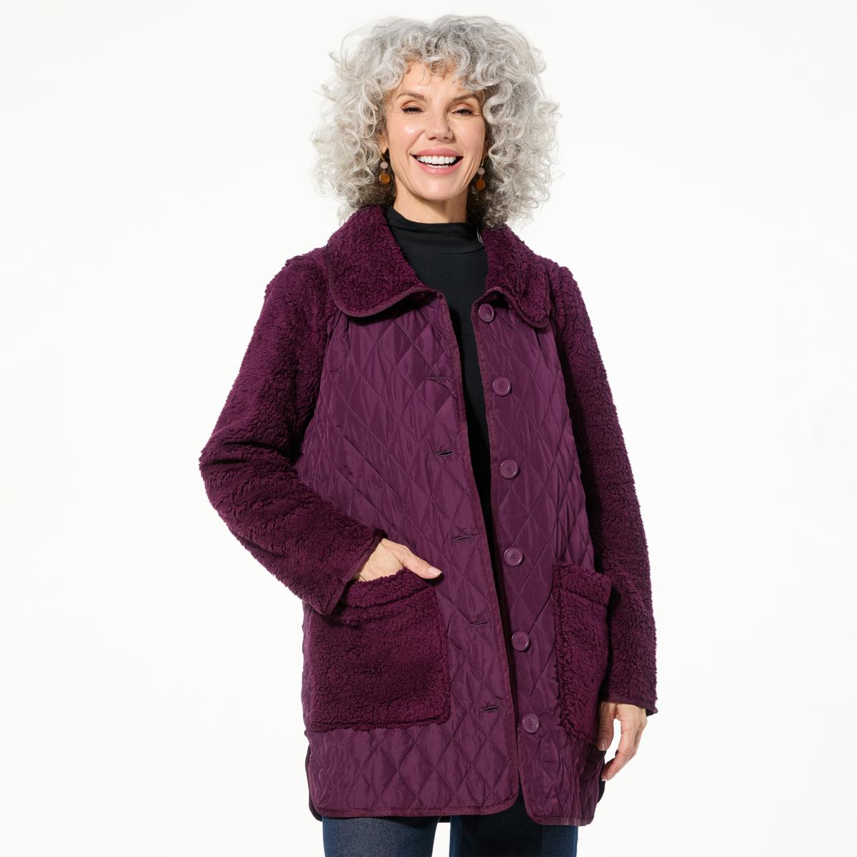 Nina Leonard Collared Sherpa & Quilted Button Front Coat | HSN