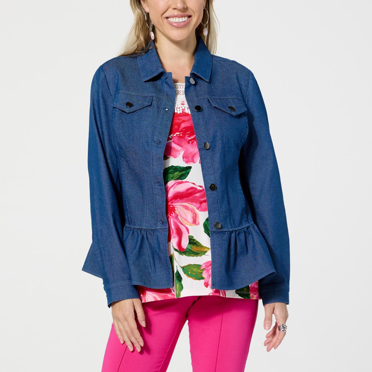 Nina Leonard Denim Twill Flounce Jacket