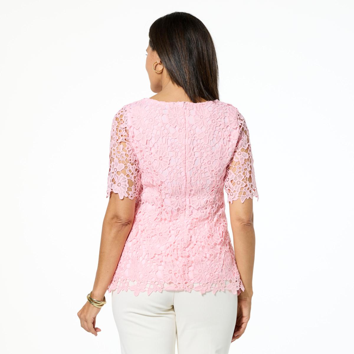 Nina Leonard Elbow Sleeve Lace Top - 23369611 | HSN
