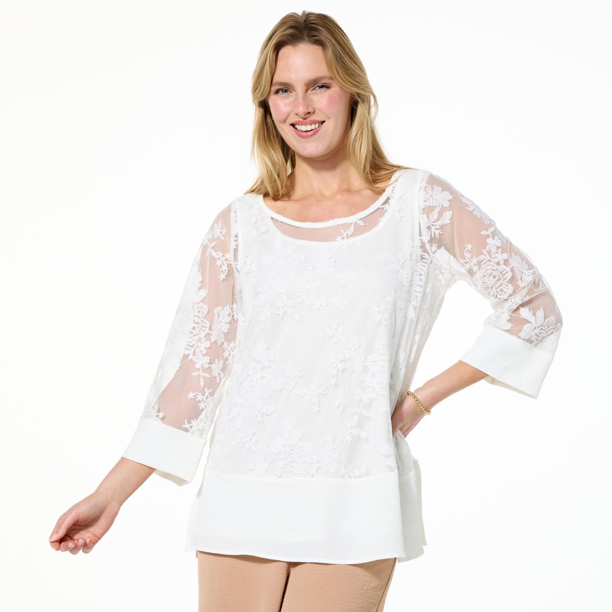 本当に信頼出来る店 Embroidered Leonard Nina Mesh Tunic 3/4-Sleeve Knit チュニック