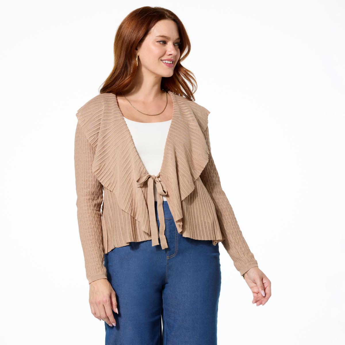 Nina Leonard Long Sleeve Ruffle Front Knit Cardigan | HSN