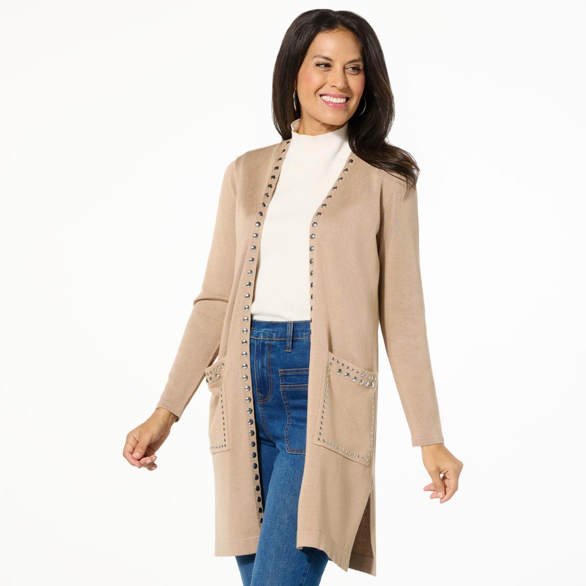 Nina Leonard Long Sleeve Studded Sweater Knit Cardigan