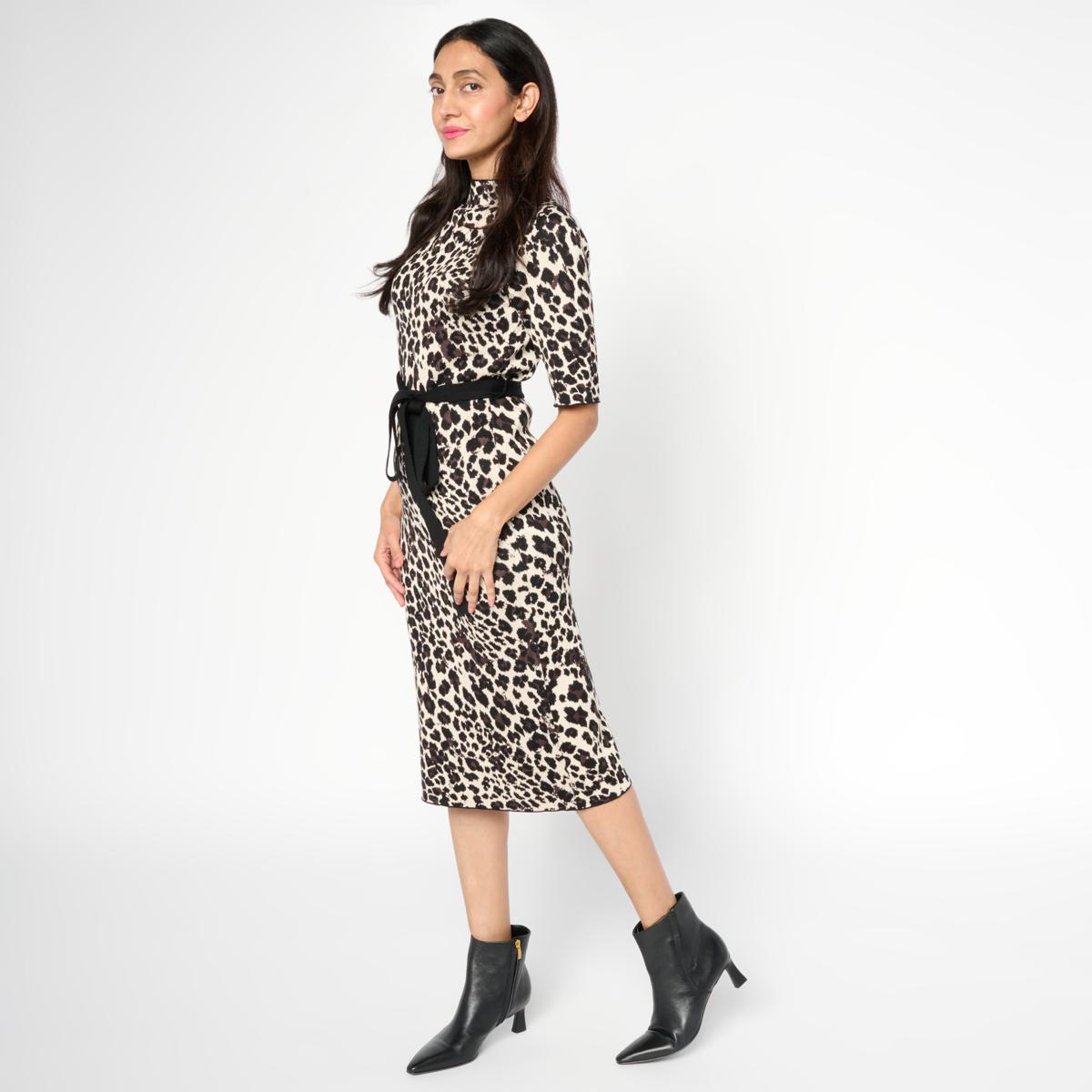 Nina Leonard Mixed Jacquard Knit Mock-Neck Sweater Dress | HSN