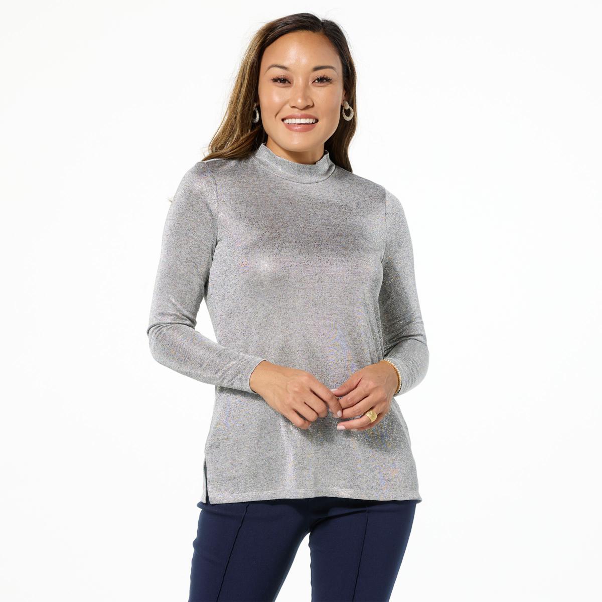 Nina Leonard Novelty Foil Knit Mock-Neck Top | HSN