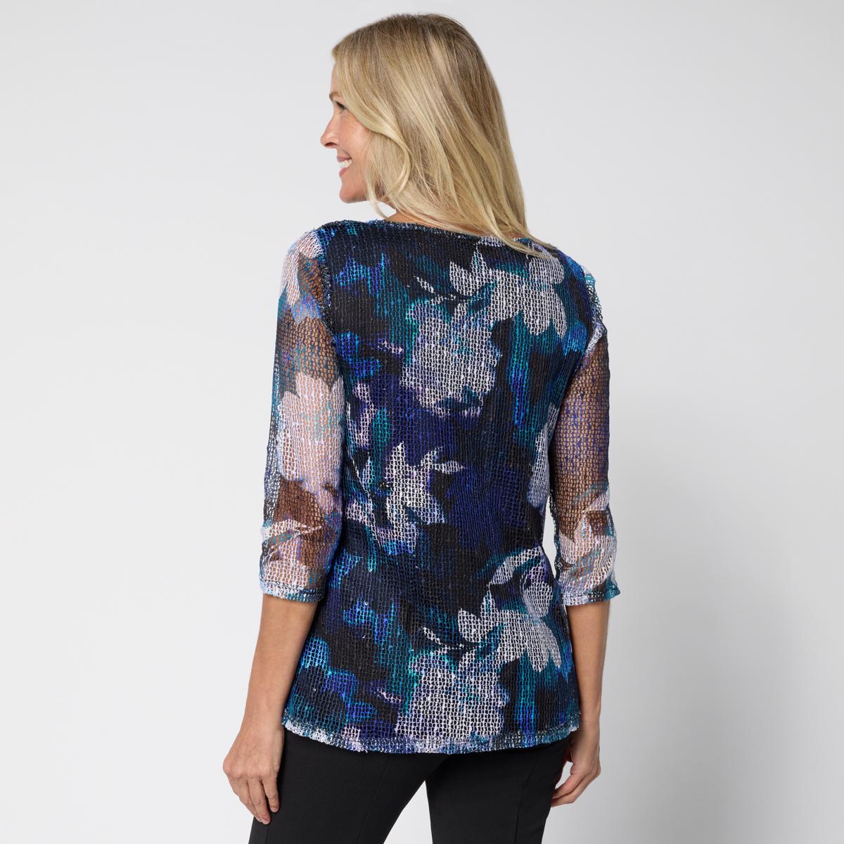 Nina Leonard Printed Mesh Knit Sequin Top with Detachable