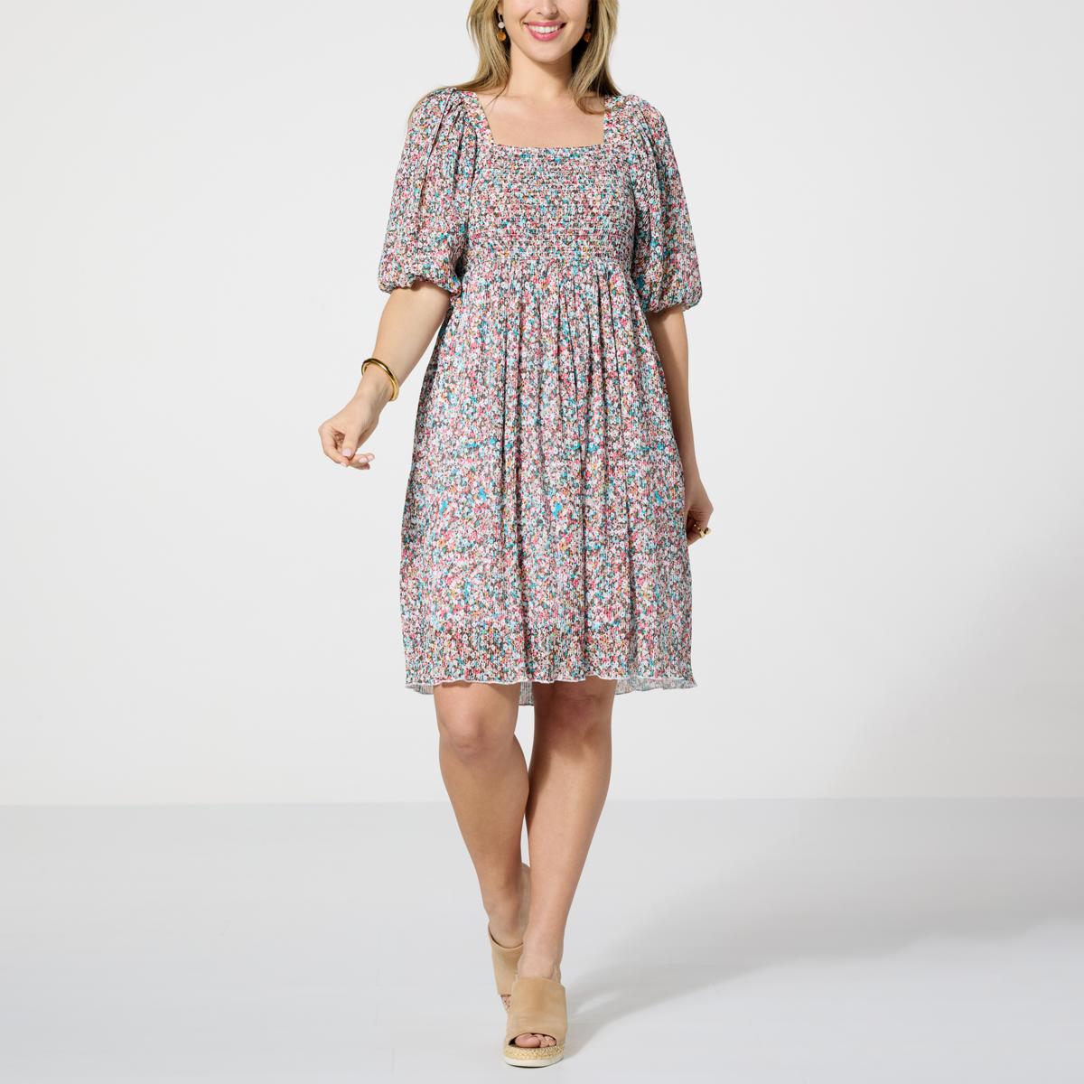 Nina Leonard Printed Smocked Top Dress - 21766237