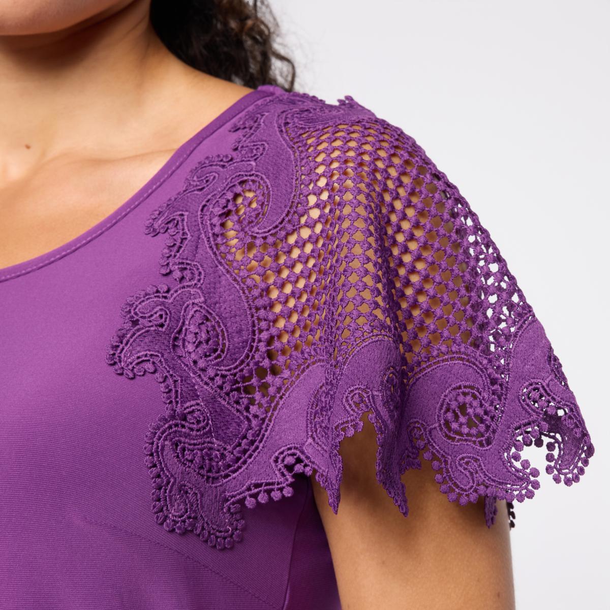 Nina Leonard Round Neck Top with Lace Flutter Sleeve | HSN
