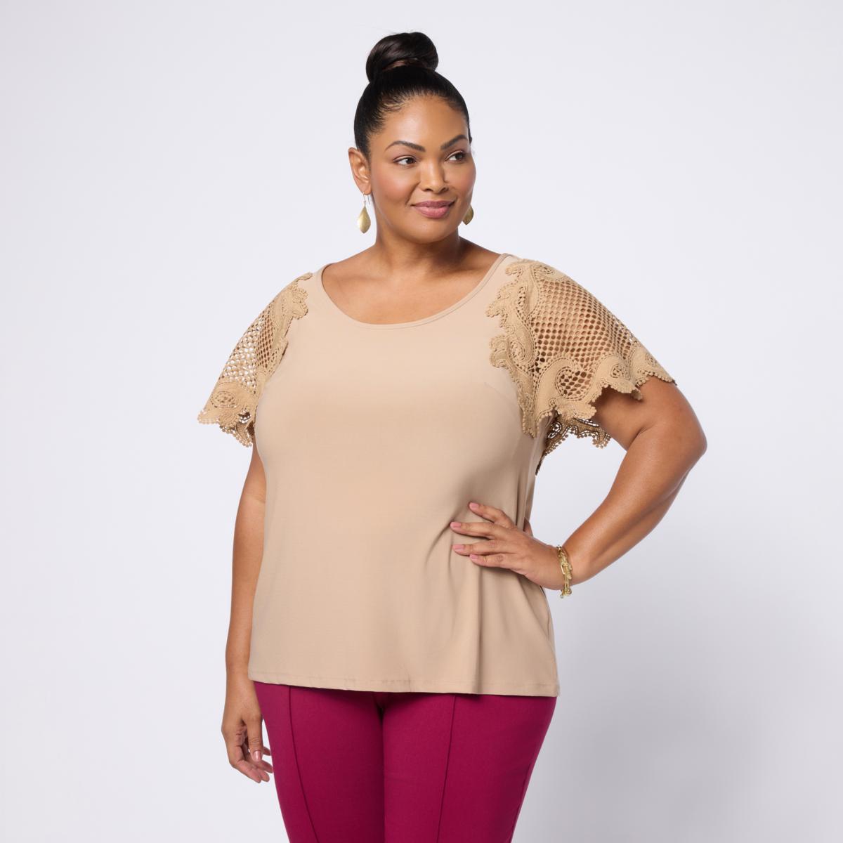 Nina Leonard Round Neck Top with Lace Flutter Sleeve | HSN