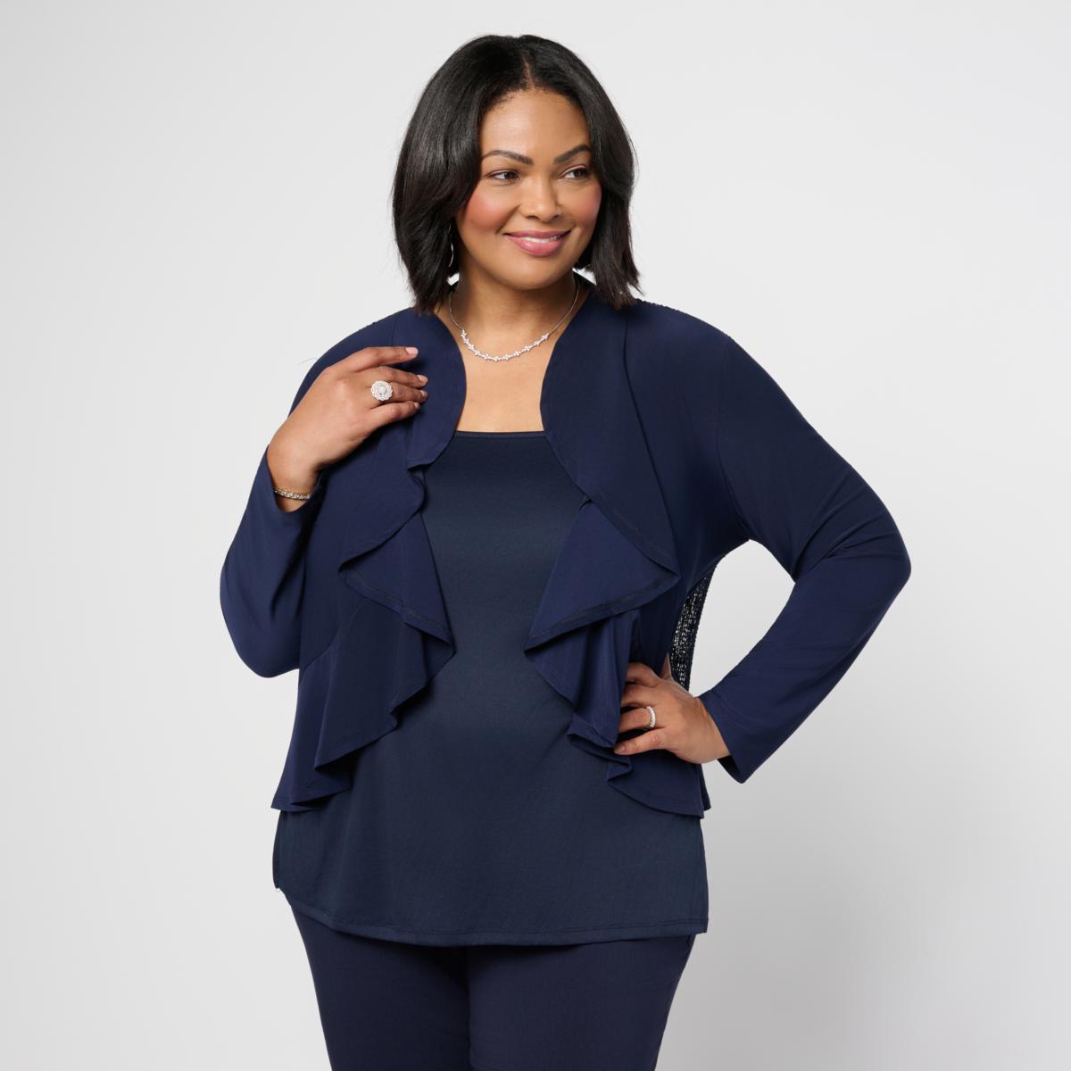 Nina Leonard Ruffled Edge Bolero with Sequin Mesh Knit Back Panel