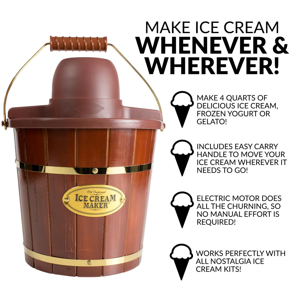 Nostalgia 6 qt Ice Cream Maker with Wood Bucket, Brown