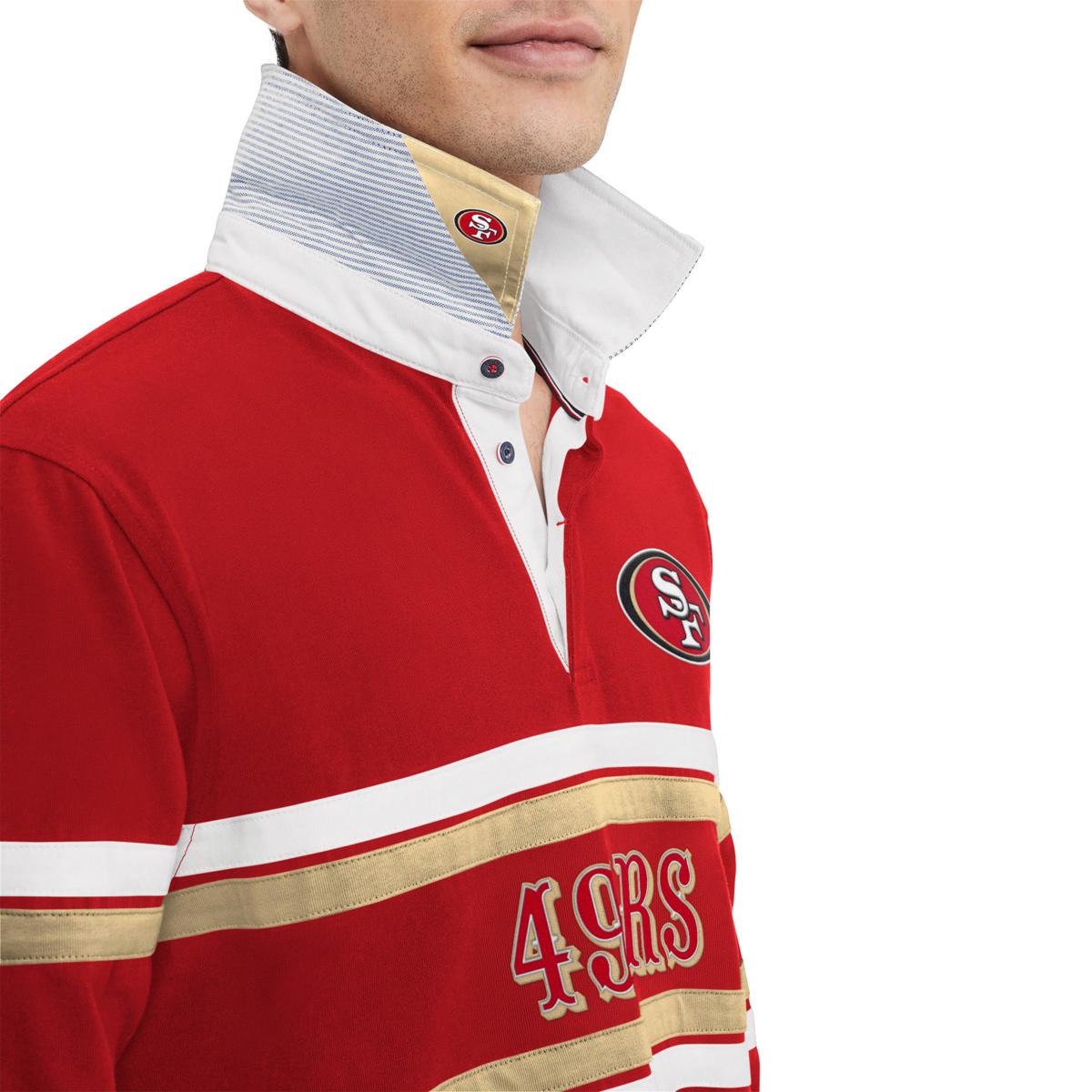 Tommy Hilfiger Men's Black, White San Francisco 49ers Varsity Stripe Rugby  Long Sleeve Polo Shirt