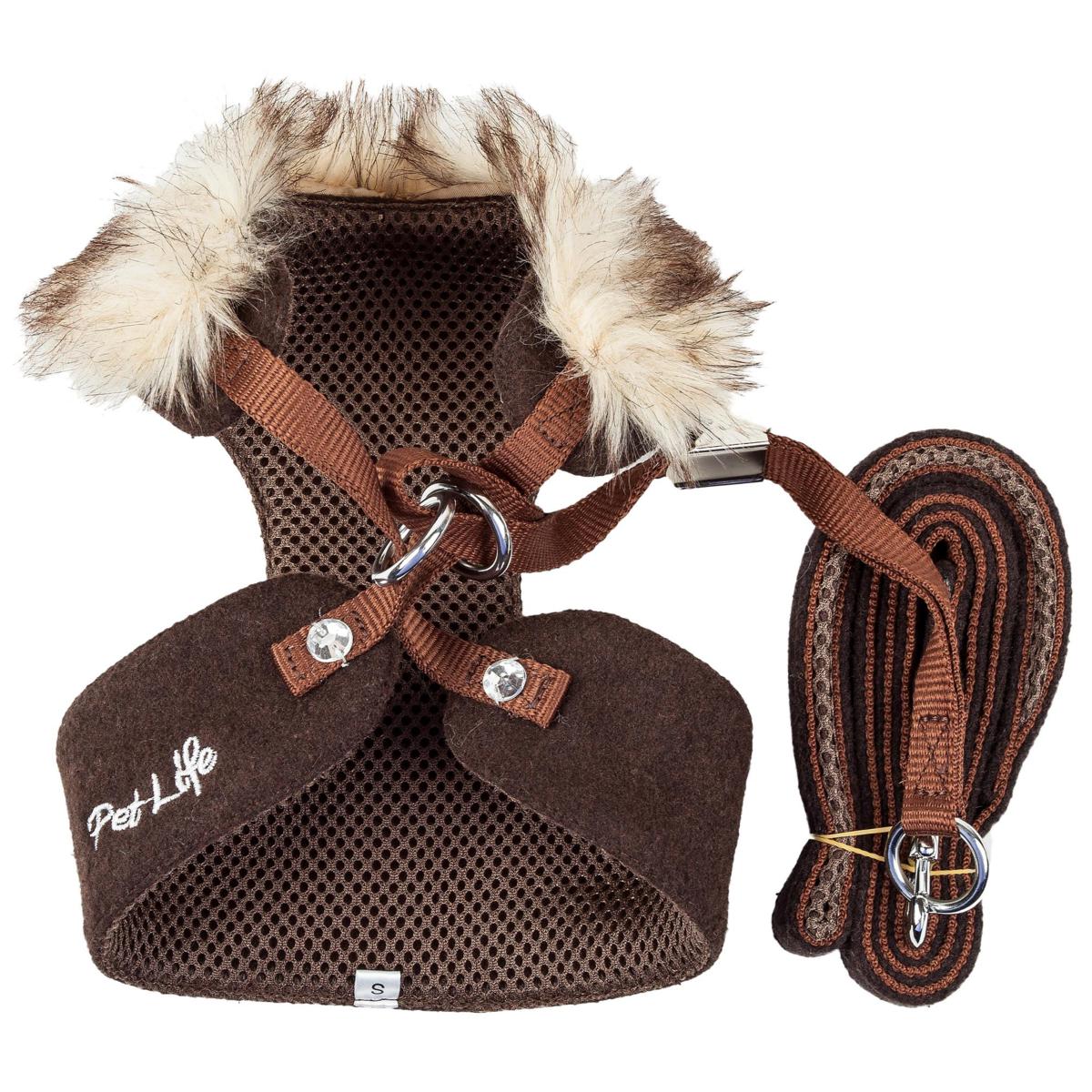 Pet Life Luxe 'Furracious' 2-in-1 Mesh Reversed Adjustable Dog Harness-Leash w/ Removable Fur Collar Brown / X-Small